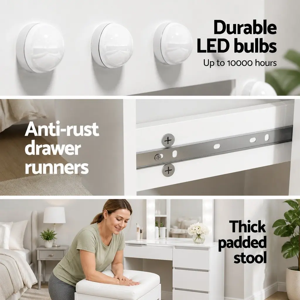 LED Dressing Table with Mirror Stool White Makeup Vanity 12 Bulbs Lights Drawers