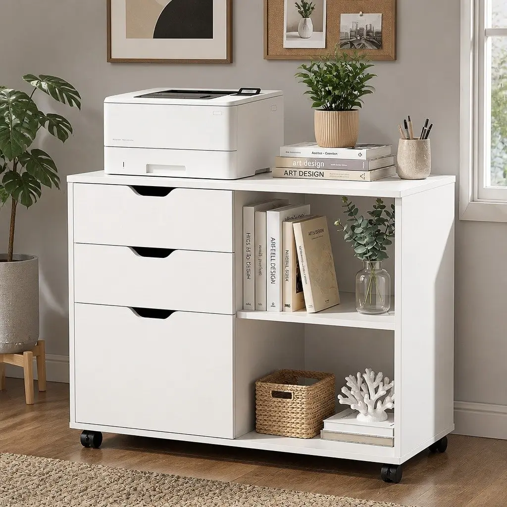 Mobile Filing Cabinet with Printer Stand 3 Drawer Storage White for Home Office on Wheels