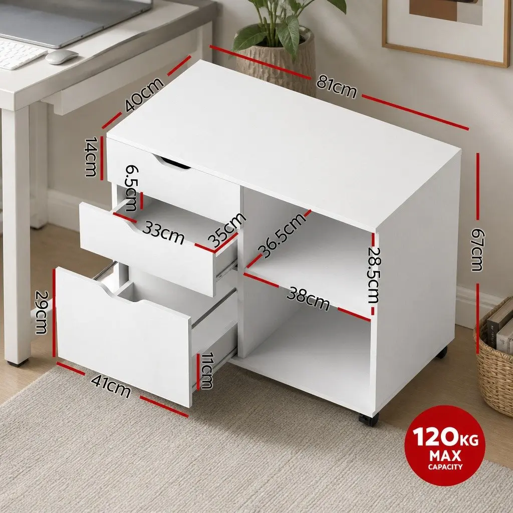 Mobile Filing Cabinet with Printer Stand 3 Drawer Storage White for Home Office on Wheels