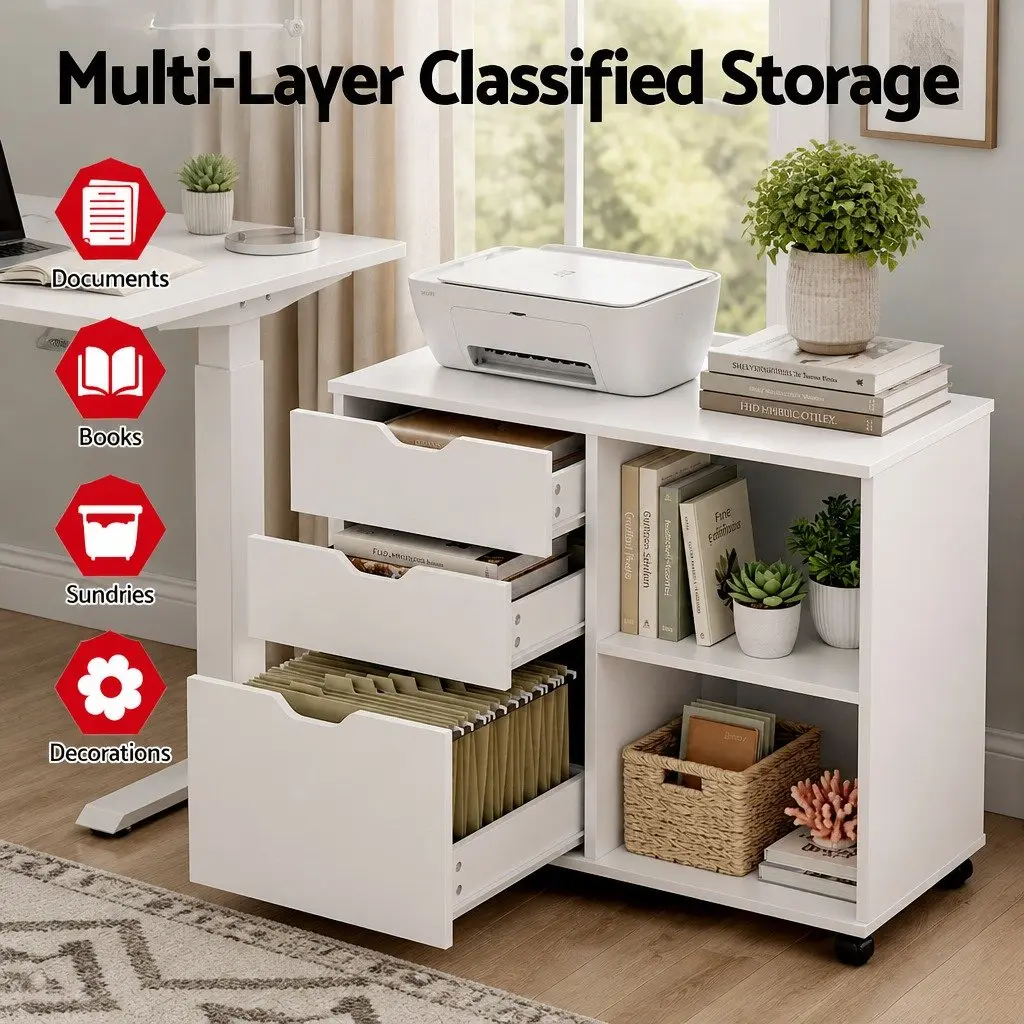 Mobile Filing Cabinet with Printer Stand 3 Drawer Storage White for Home Office on Wheels