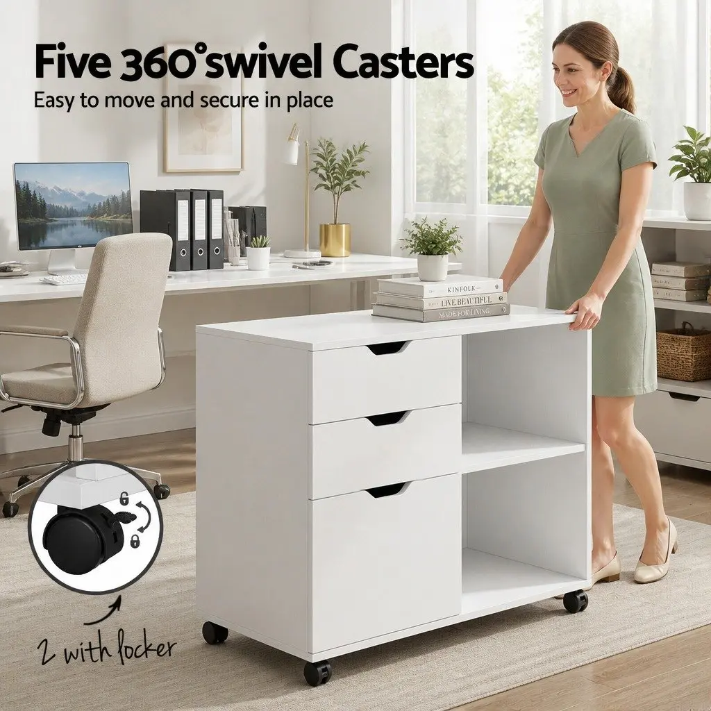 Mobile Filing Cabinet with Printer Stand 3 Drawer Storage White for Home Office on Wheels