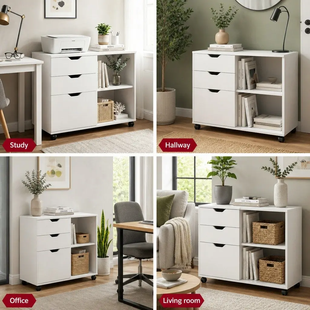 Mobile Filing Cabinet with Printer Stand 3 Drawer Storage White for Home Office on Wheels