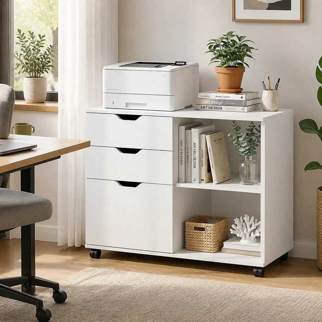 Mobile Filing Cabinet with Printer Stand 3 Drawer Storage White for Home Office on Wheels