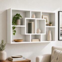 Floating Wall Shelf White Bookcase Display Unit 8 Compartments Living Room