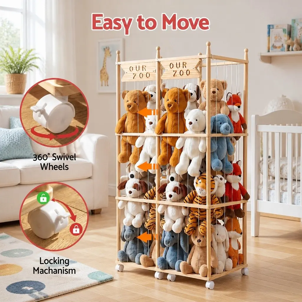Stuffed Animal Storage Tower with Wheels Wooden Toy Organizer Vertical Design
