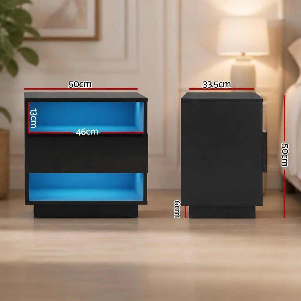 Black LED Bedside Table with Storage Solutions