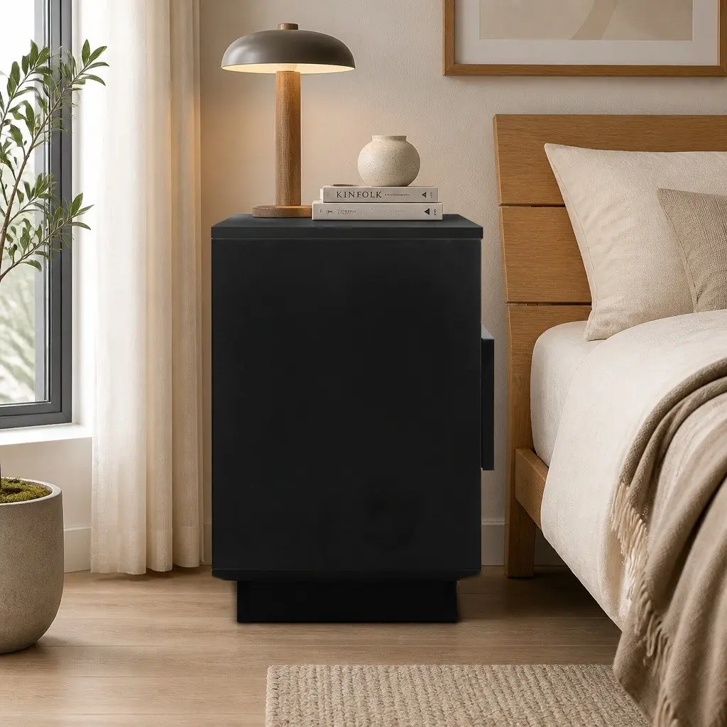 Black LED Bedside Table with Storage Solutions