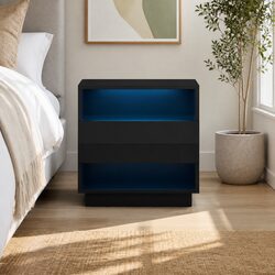 Functional Black Bedside Table with LED Lighting