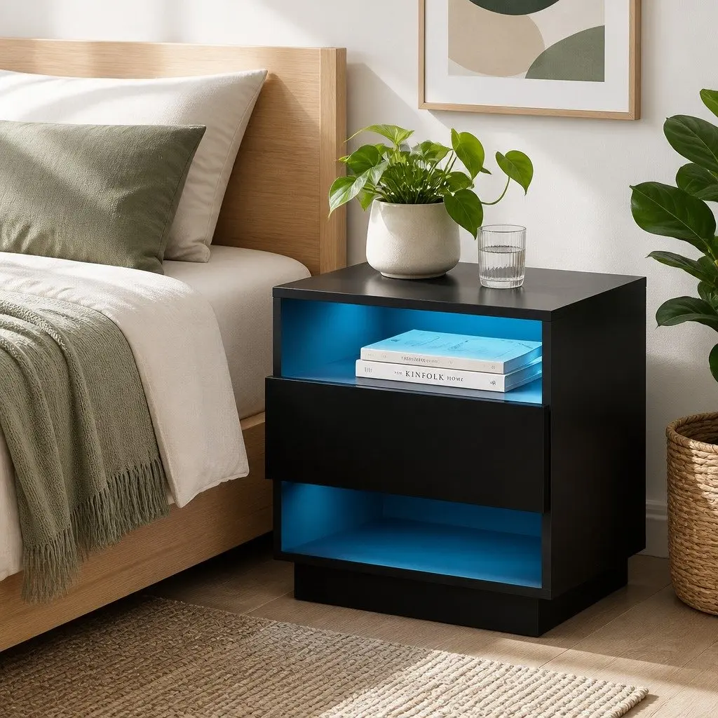 Black Bedside Table with LED Lighting