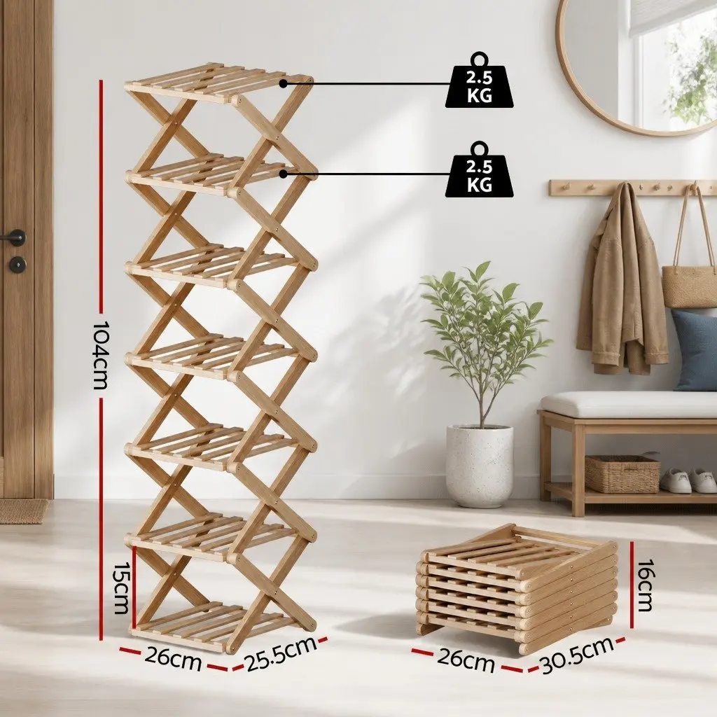 7 Tier Shoe Rack Organizer Foldable Entryway Storage Natural Bamboo