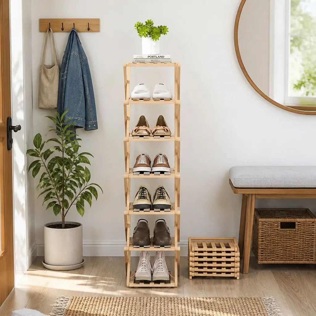 7 Tier Shoe Rack Organizer Foldable Entryway Storage Natural Bamboo