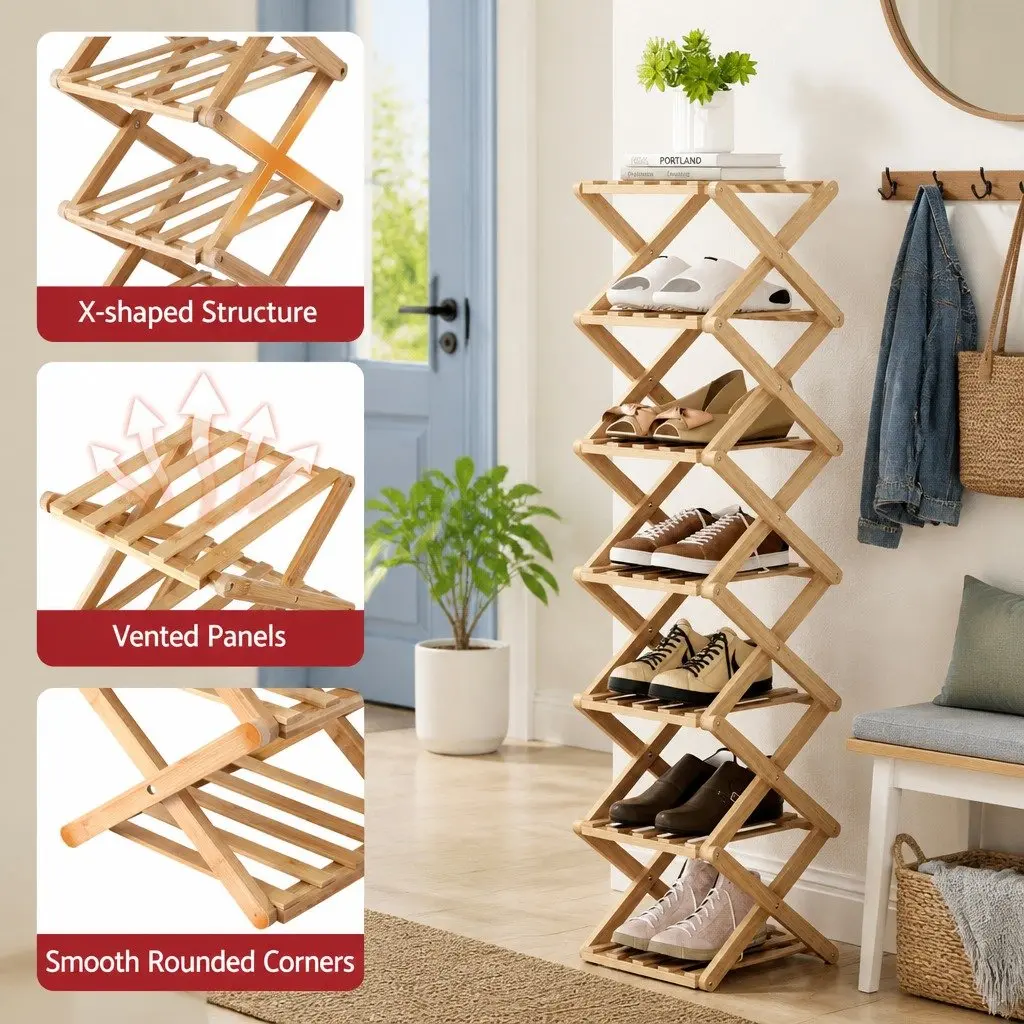 7 Tier Shoe Rack Organizer Foldable Entryway Storage Natural Bamboo