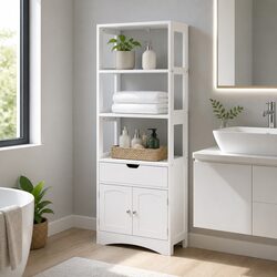 Bathroom Storage Cabinet with 2 Drawers 3 Open Shelves 2 Doors White Organiser