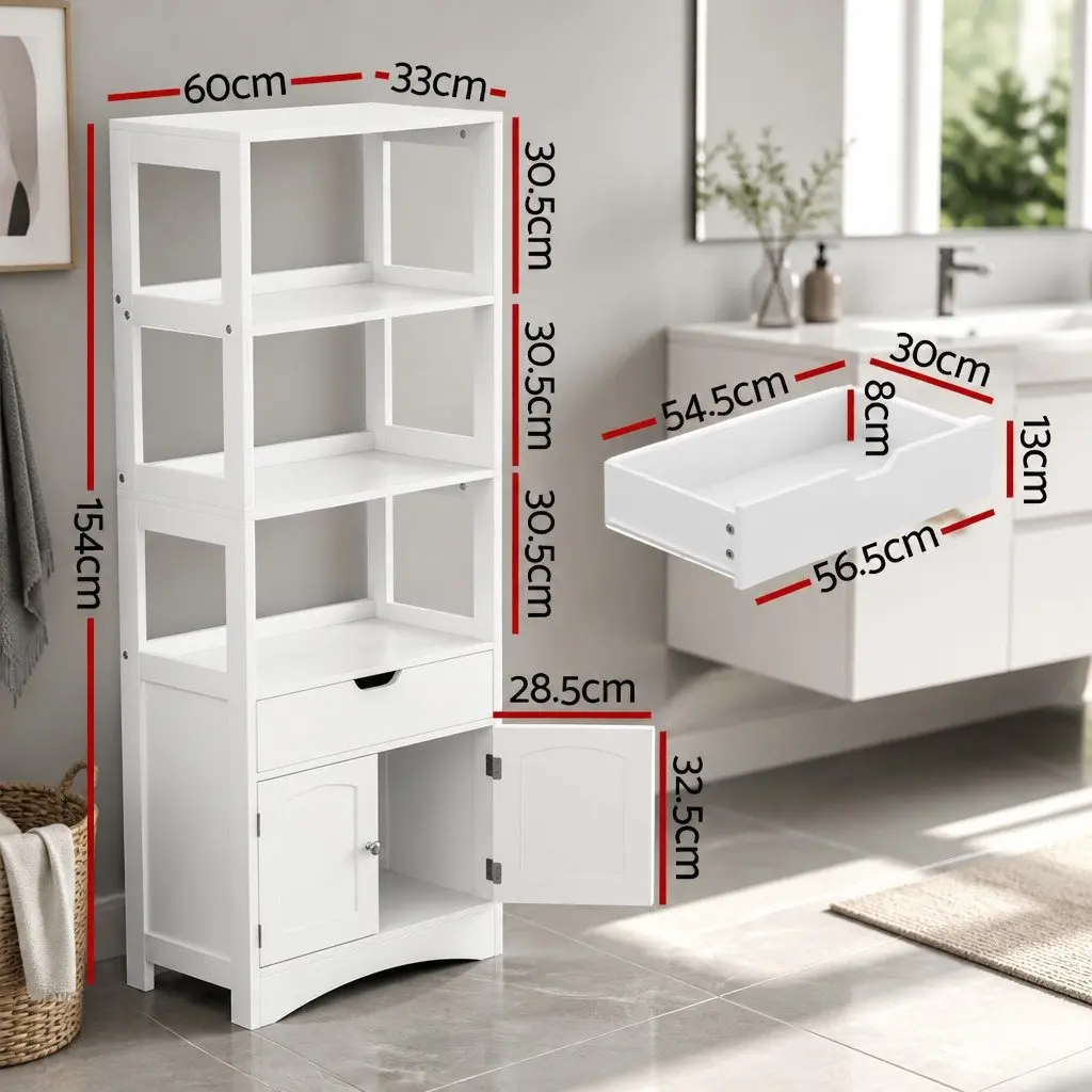 Bathroom Storage Cabinet Organiser 60cm W x 33cm D x 154cm H White with 2 Drawers 3 Open Shelves 2 Doors