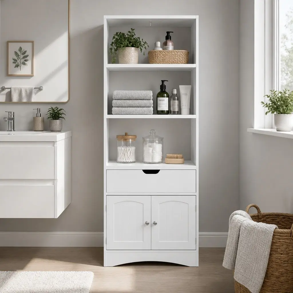 Bathroom Storage Cabinet Organiser 60cm W x 33cm D x 154cm H White with 2 Drawers 3 Open Shelves 2 Doors