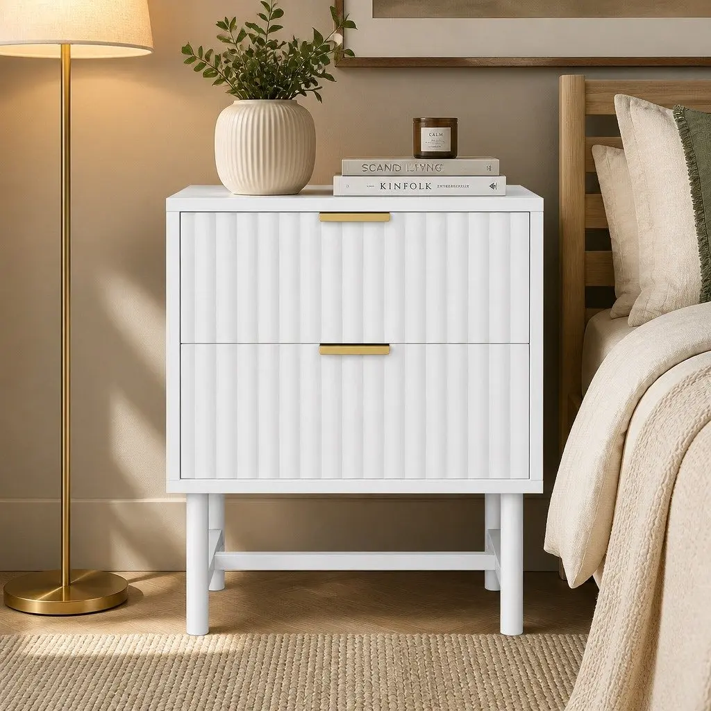 Bedside Table 2 Drawers Storage Furniture 43.5cm W White