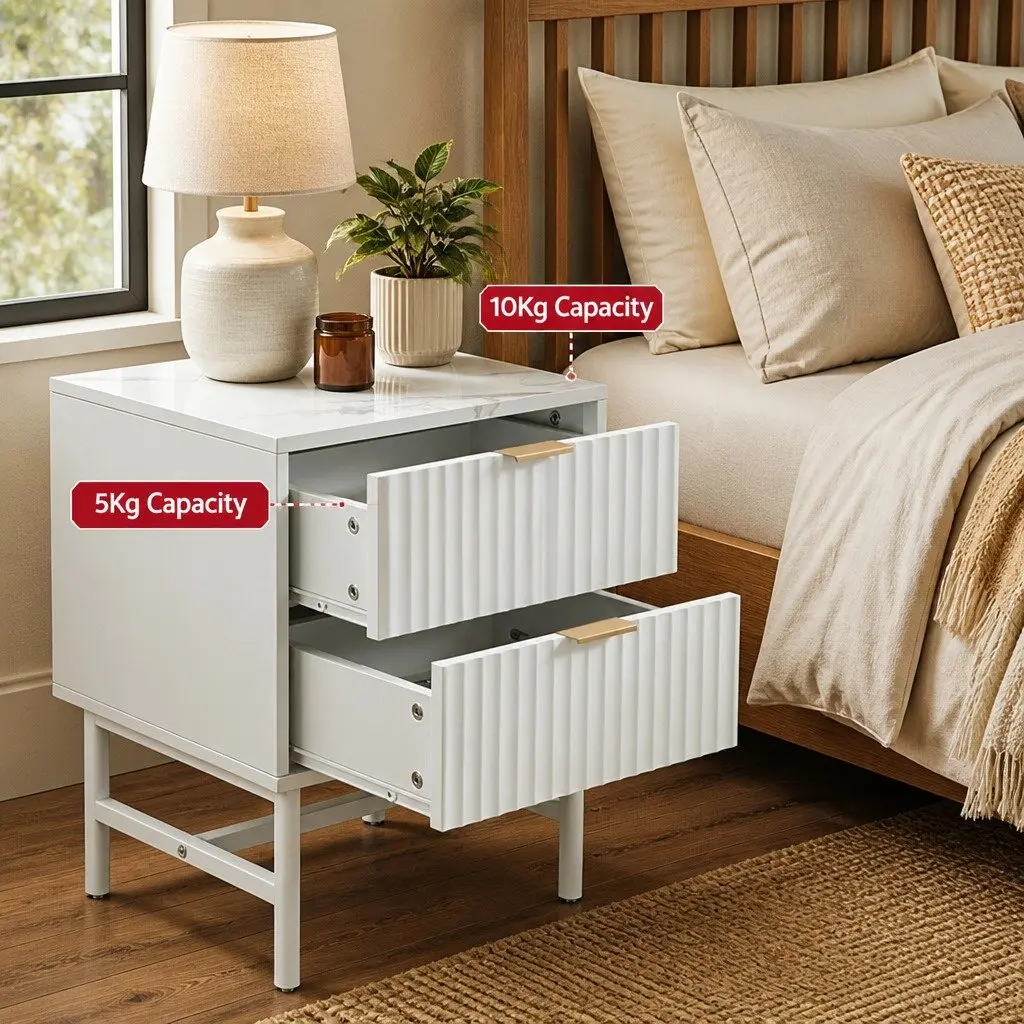 Bedside Table 2 Drawers Storage Furniture 43.5cm W White