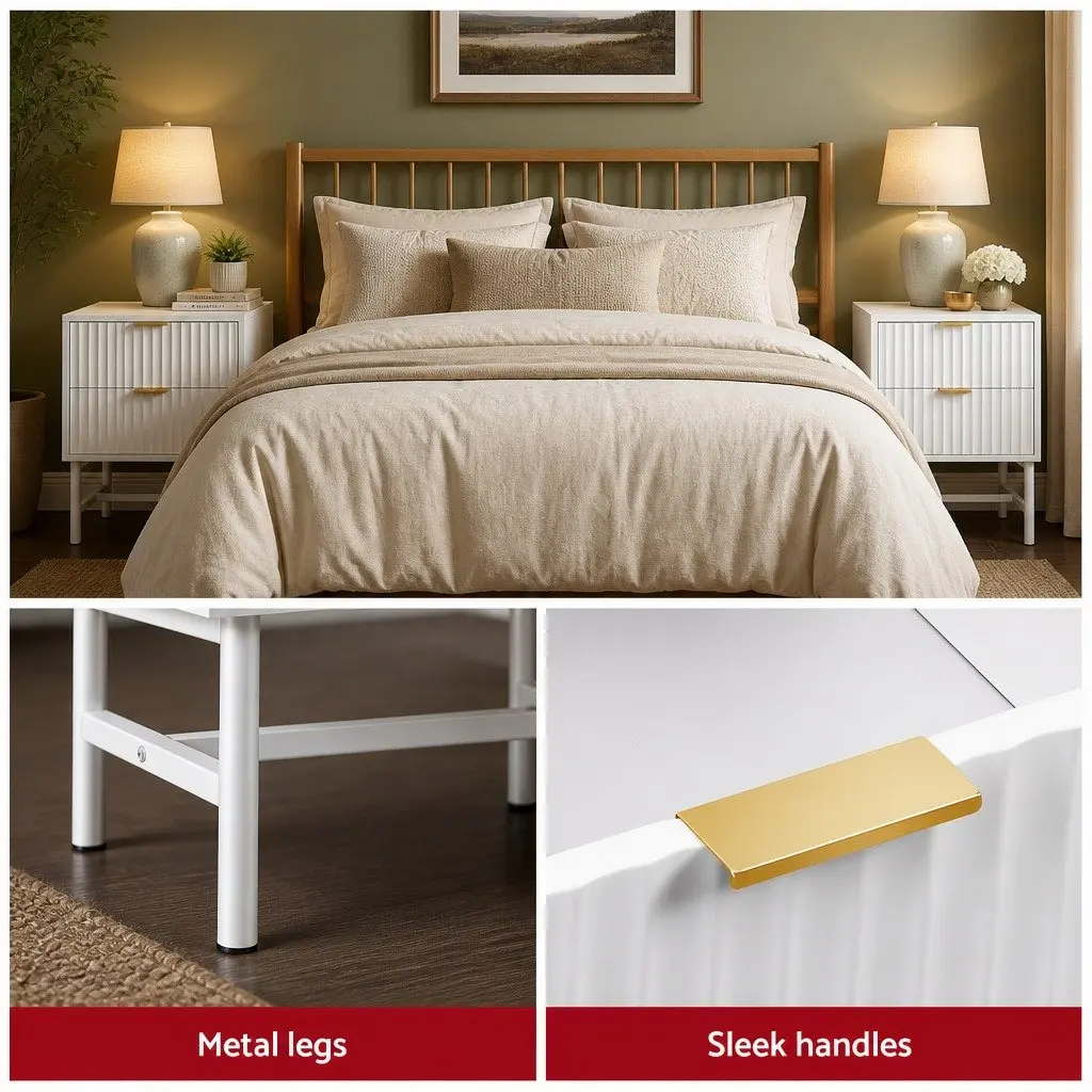 Bedside Table 2 Drawers Storage Furniture 43.5cm W White
