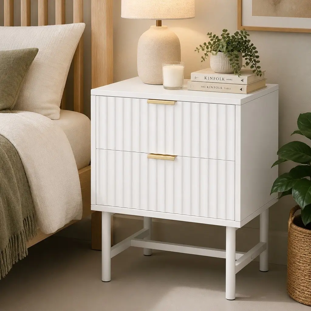 Bedside Table 2 Drawers Storage Furniture 43.5cm W White