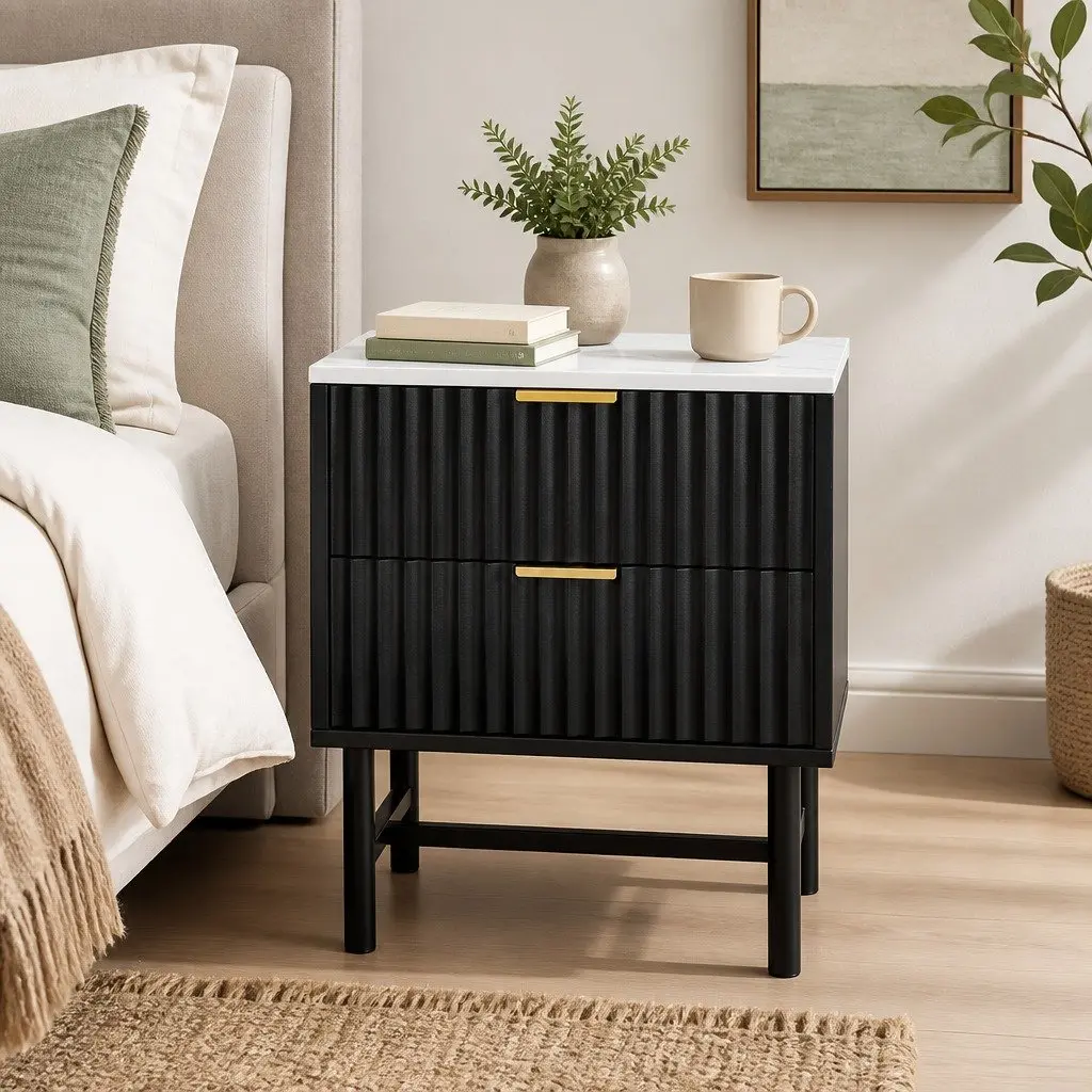 Bedside Table 2 Drawers Bedroom Storage Nightstand Black White Compact