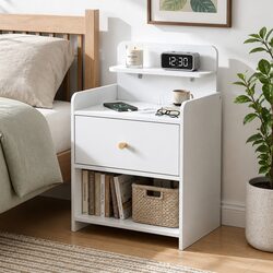 Bedside Table with Drawer Charging Station White Storage Nightstand