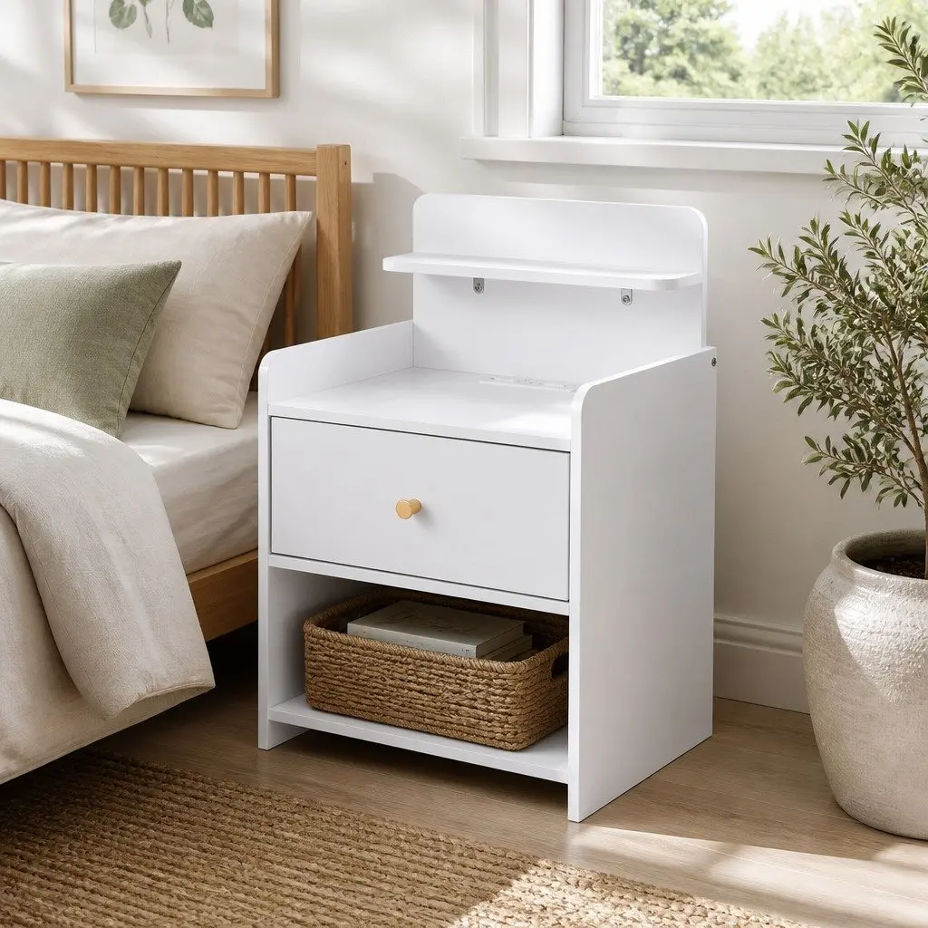 Bedside Table Charging Station White Storage Nightstand 40cm W x 30cm D x 58cm H
