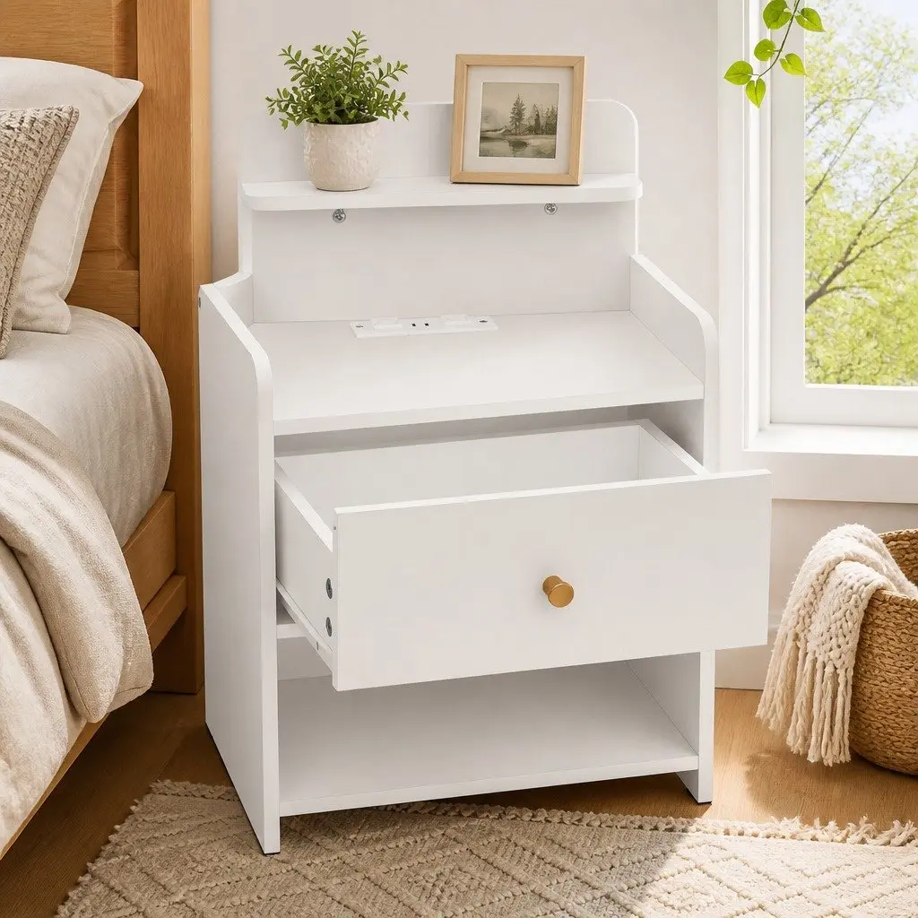 Bedside Table Charging Station White Storage Nightstand 40cm W x 30cm D x 58cm H