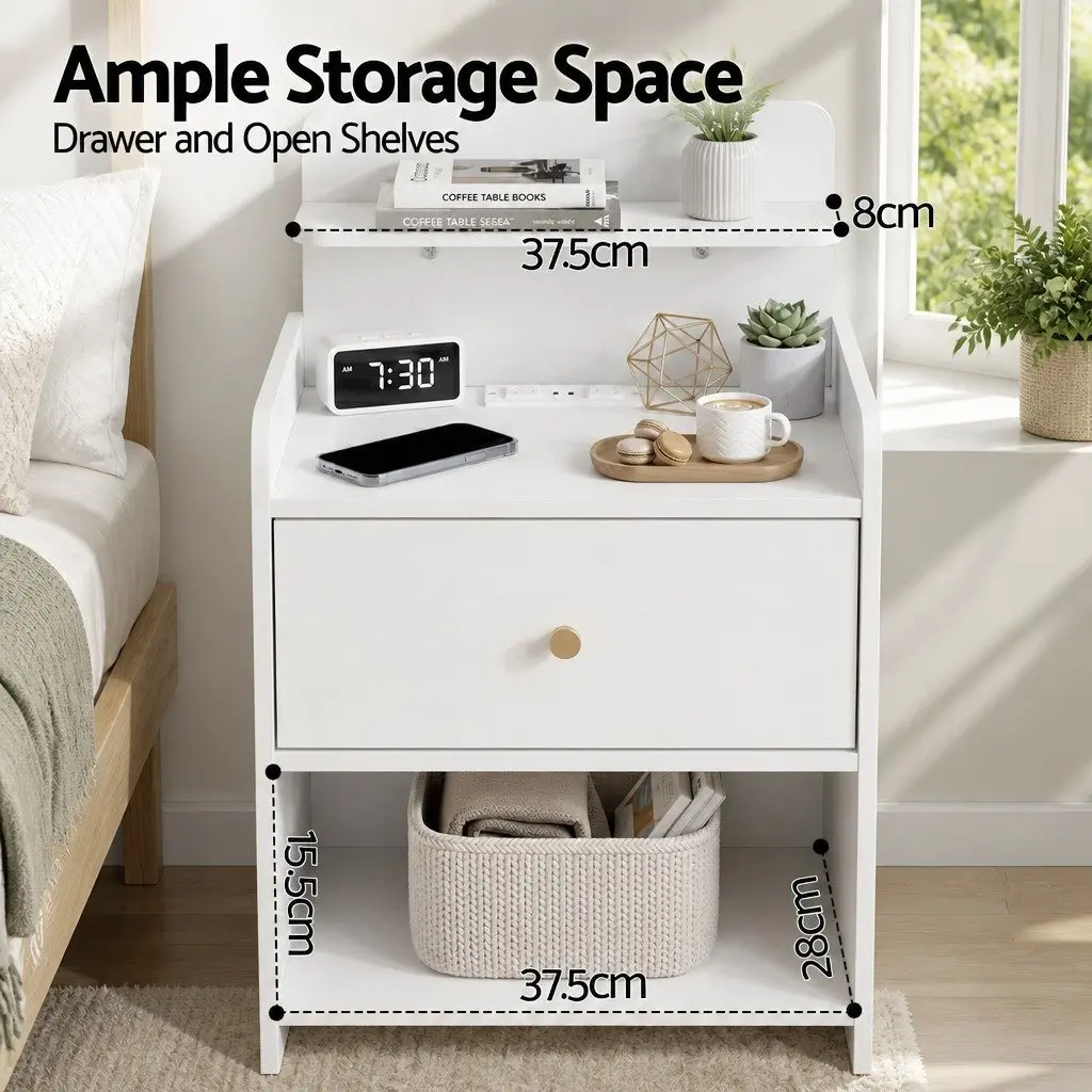 Bedside Table Charging Station White Storage Nightstand 40cm W x 30cm D x 58cm H