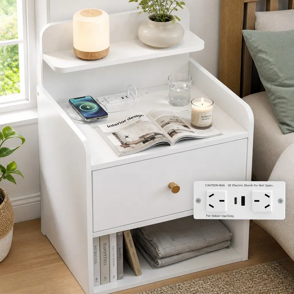Bedside Table Charging Station White Storage Nightstand 40cm W x 30cm D x 58cm H