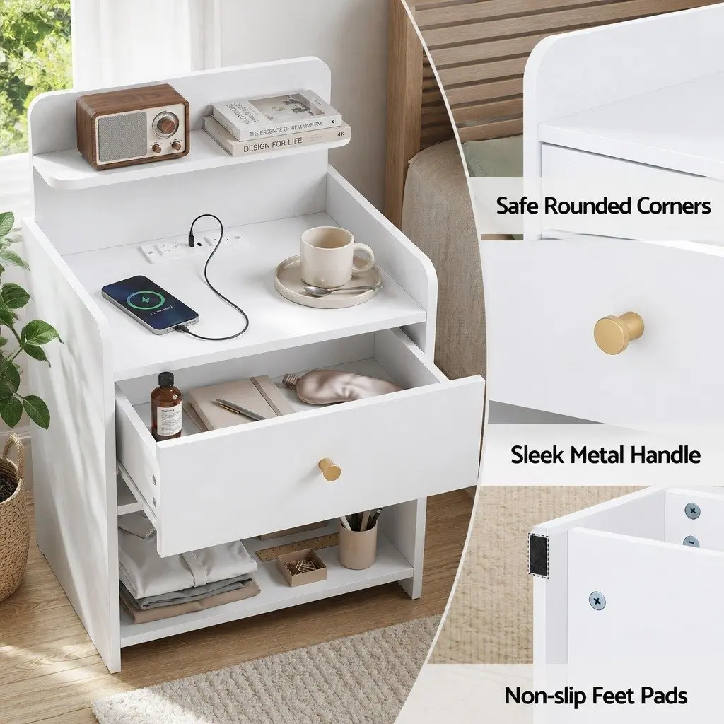 Bedside Table Charging Station White Storage Nightstand 40cm W x 30cm D x 58cm H