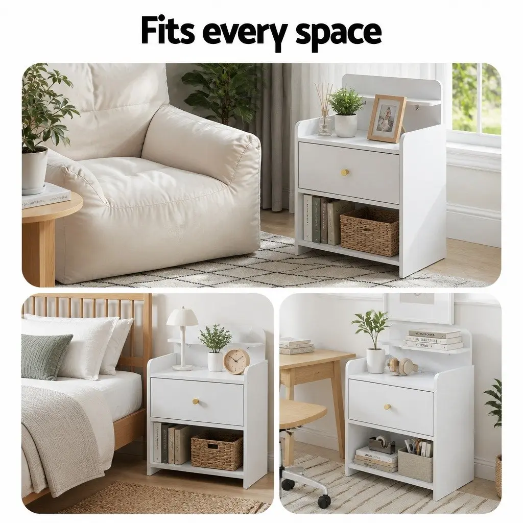 Bedside Table Charging Station White Storage Nightstand 40cm W x 30cm D x 58cm H