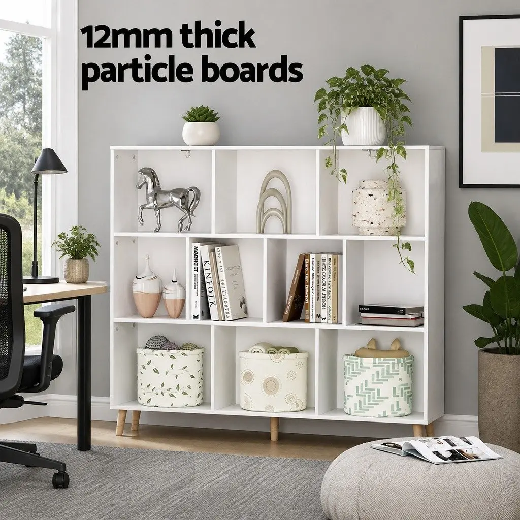 Bookshelf 3 Tiers 10 Cubes Storage Display Shelving Unit White Pine Wood Legs