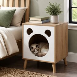 2-in-1 Bedside Table and Cat Nest with Solid Wood Legs