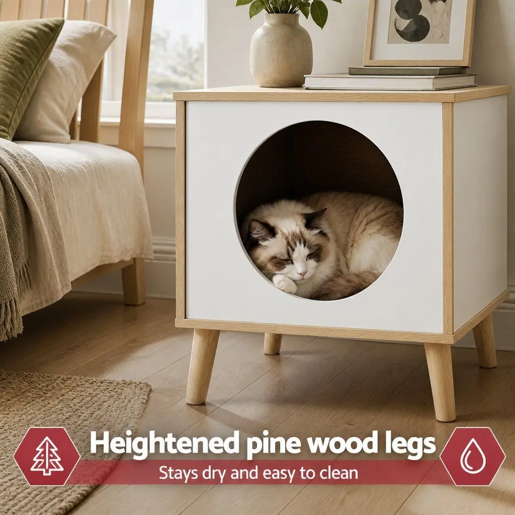 Bedside Table Cat Nest 2-in-1 Solid Wood Legs Modern Design Space-Saving