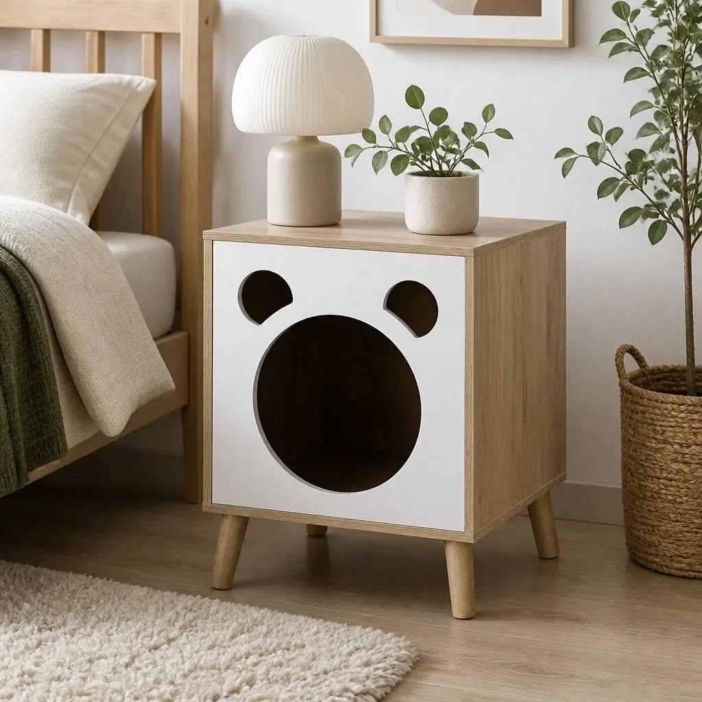 Bedside Table Cat Nest 2-in-1 Solid Wood Legs Modern Design Space-Saving