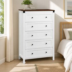 Practical 5-Drawer Chest of Drawers in White and Walnut
