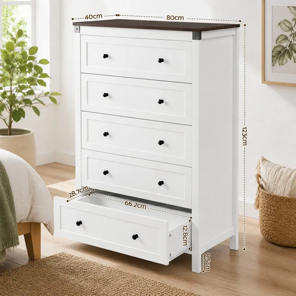 5-Drawer Chest of Drawers in White and Walnut