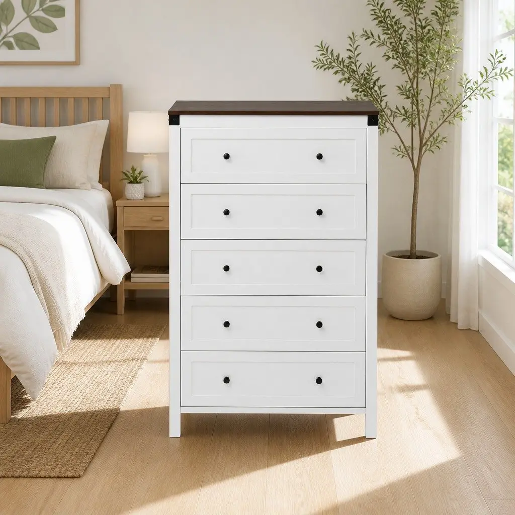 5-Drawer Chest of Drawers in White and Walnut