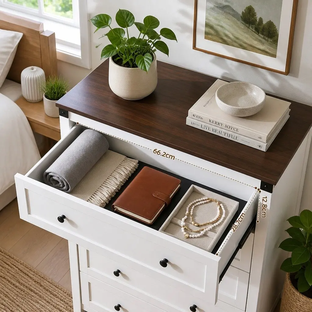 5-Drawer Chest of Drawers in White and Walnut
