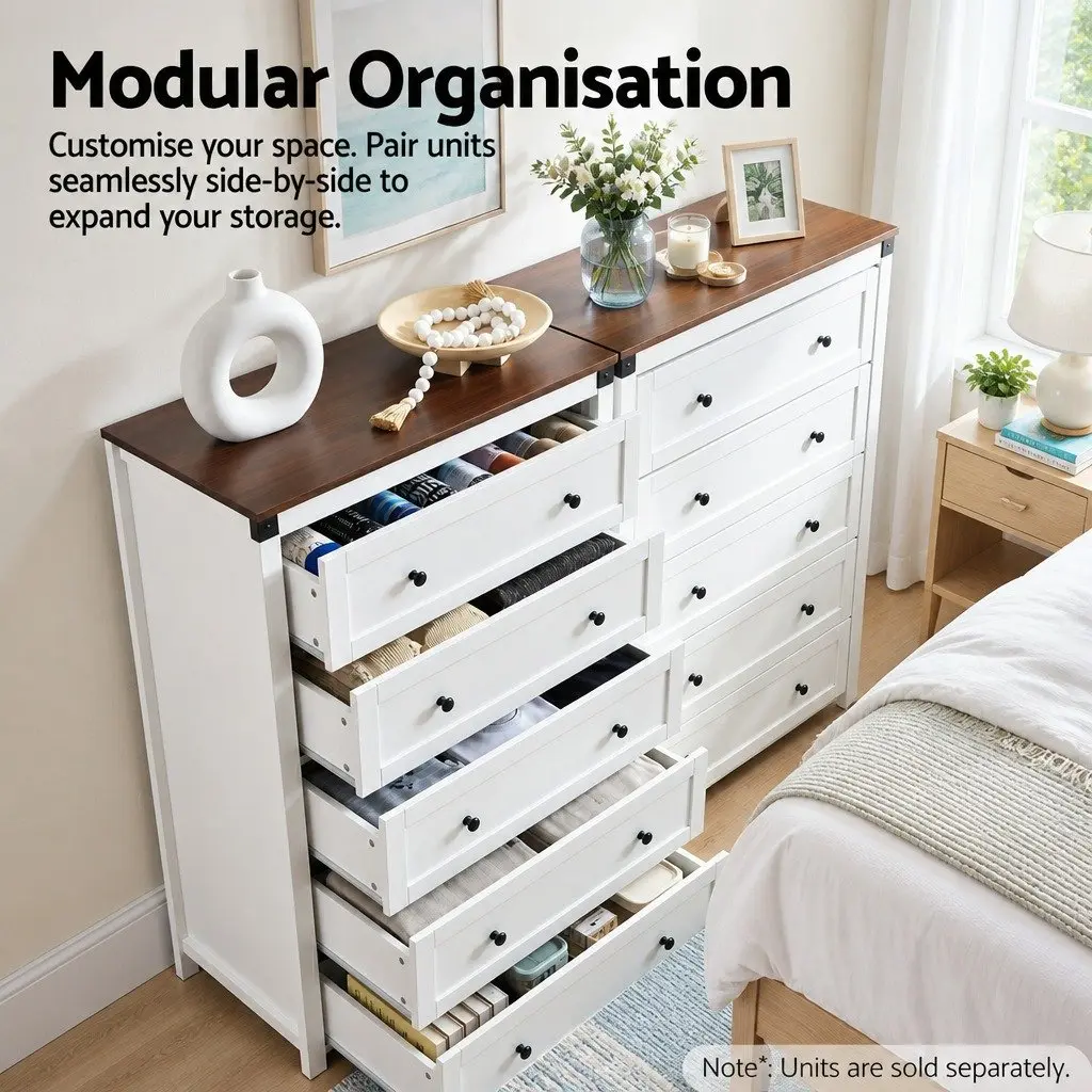 5-Drawer Chest of Drawers in White and Walnut