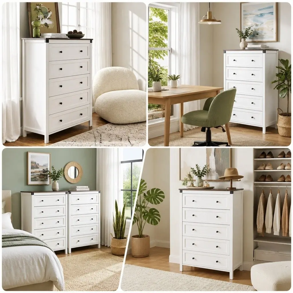 5-Drawer Chest of Drawers in White and Walnut
