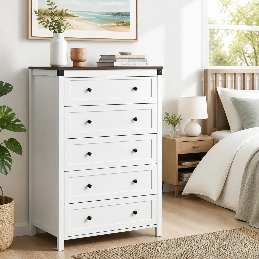 5-Drawer Chest of Drawers in White and Walnut
