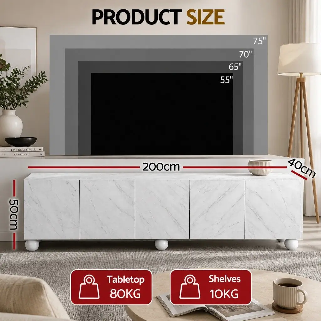 White TV Unit Entertainment Storage Cabinet 200cm Modern Living Room Furniture