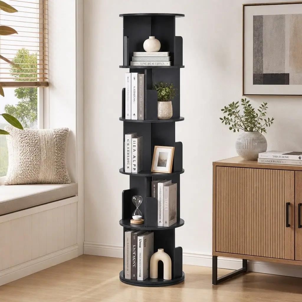 Rotating Bookshelf Swivel Display Stand 5 Tier Black Storage Shelves