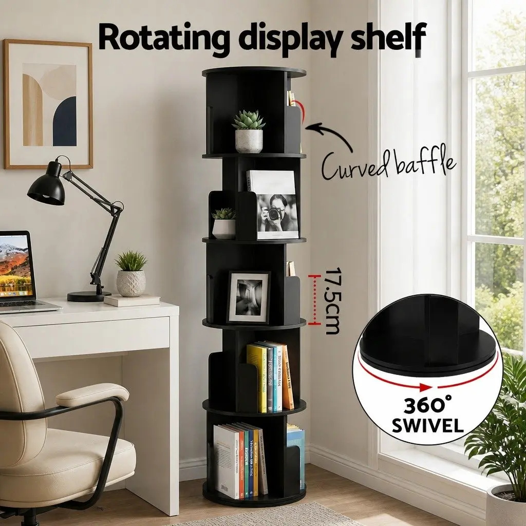 Rotating Bookshelf Swivel Display Stand 5 Tier Black Storage Shelves