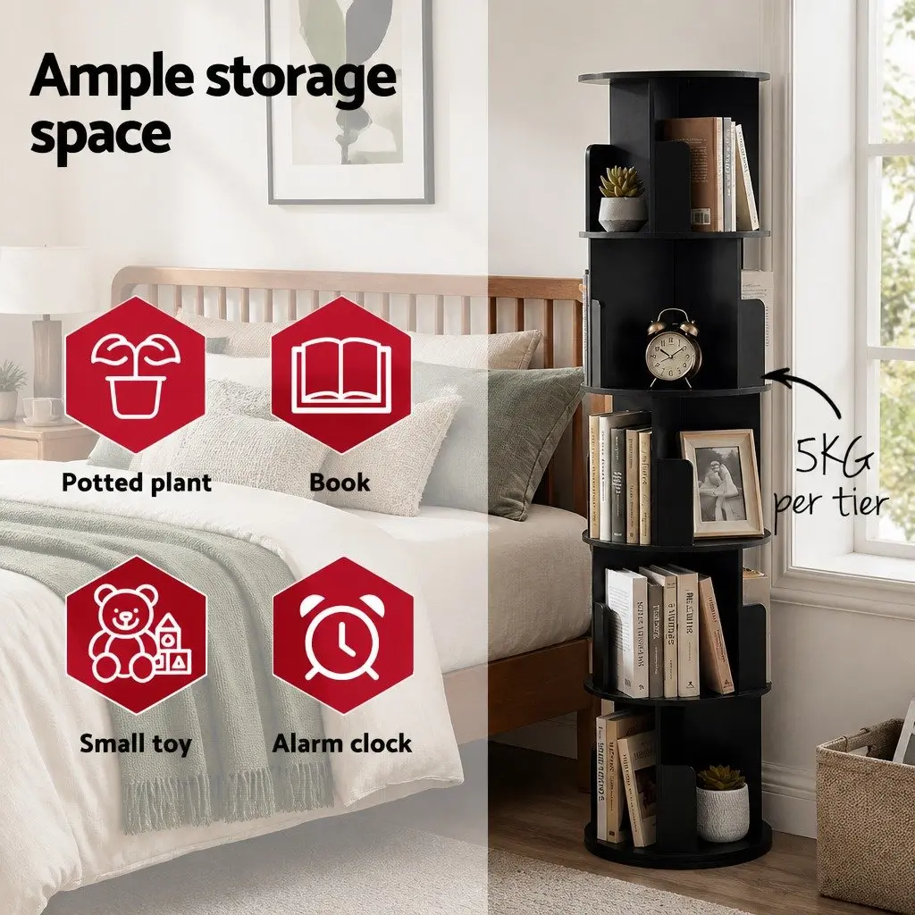 Rotating Bookshelf Swivel Display Stand 5 Tier Black Storage Shelves