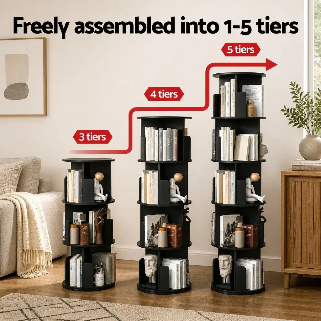 Rotating Bookshelf Swivel Display Stand 5 Tier Black Storage Shelves