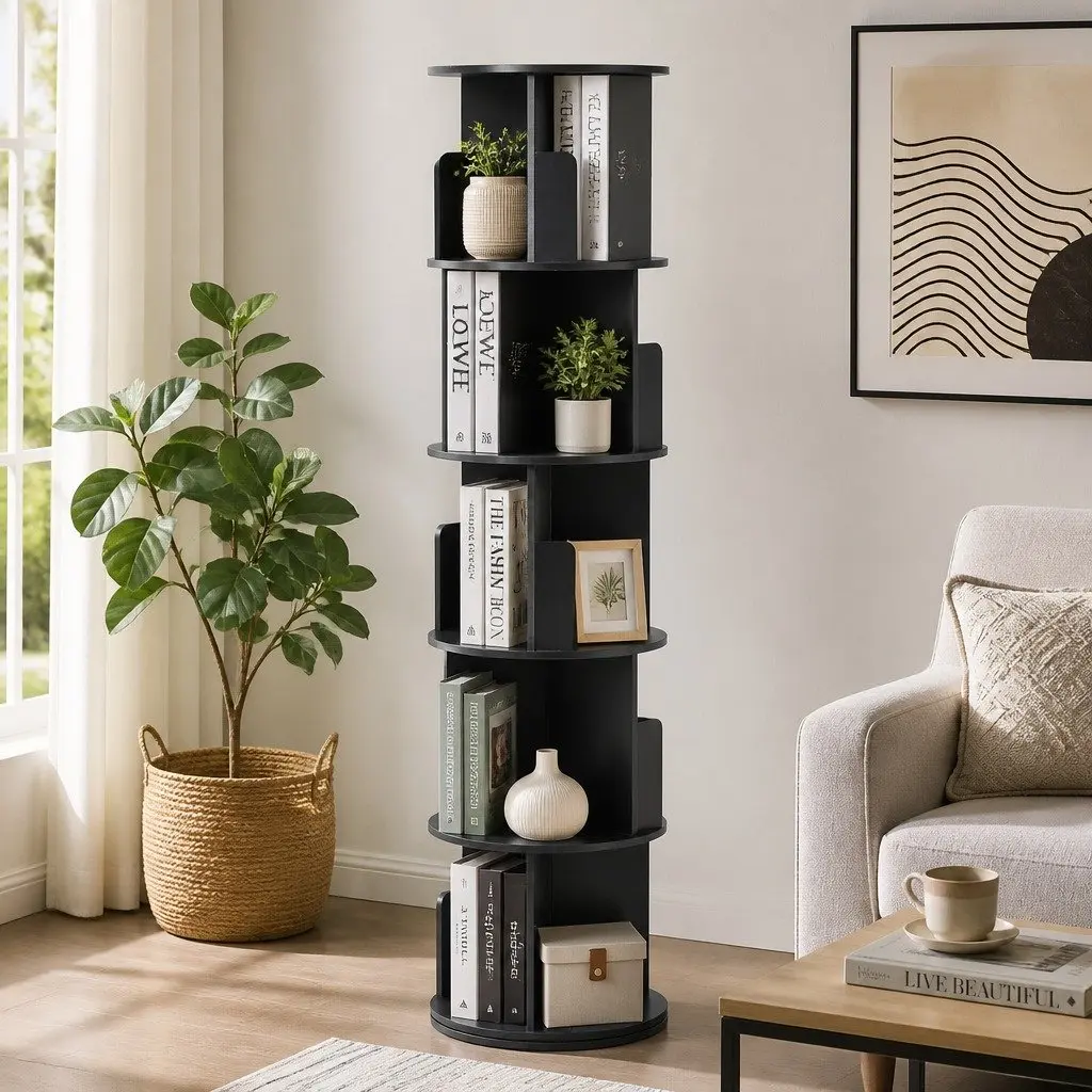 Rotating Bookshelf Swivel Display Stand 5 Tier Black Storage Shelves