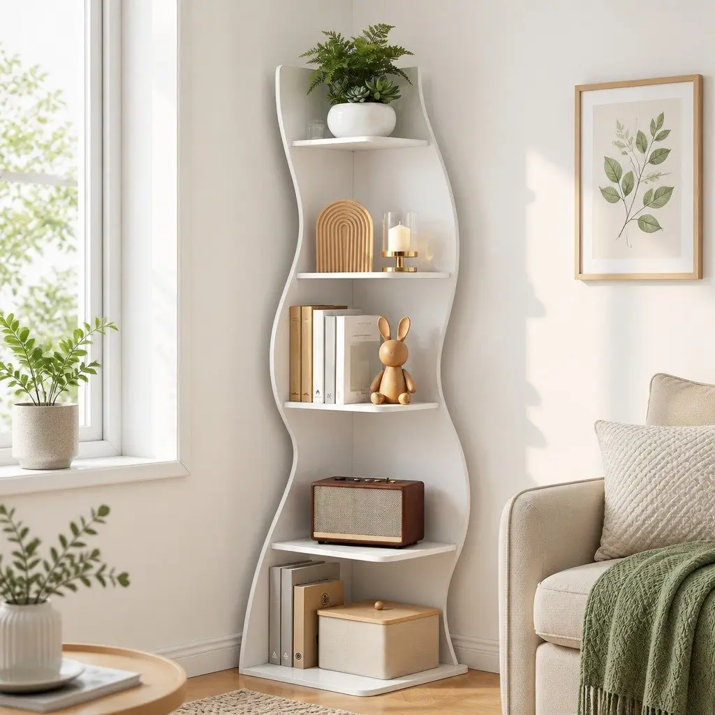 5-Tier S-Shaped Corner Bookshelf Storage Rack Vertical Display Organizer White