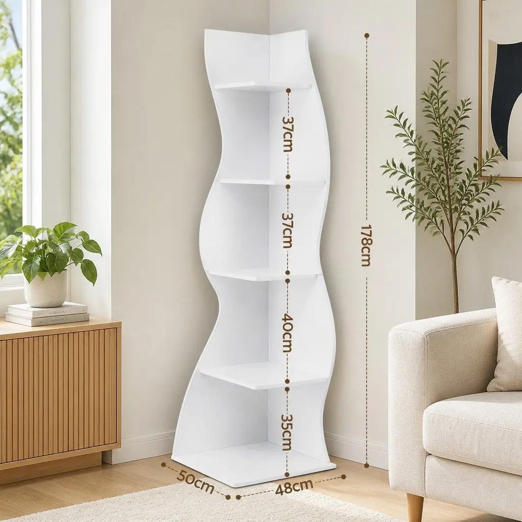 5-Tier S-Shaped Corner Bookshelf Storage Rack Vertical Display Organizer White